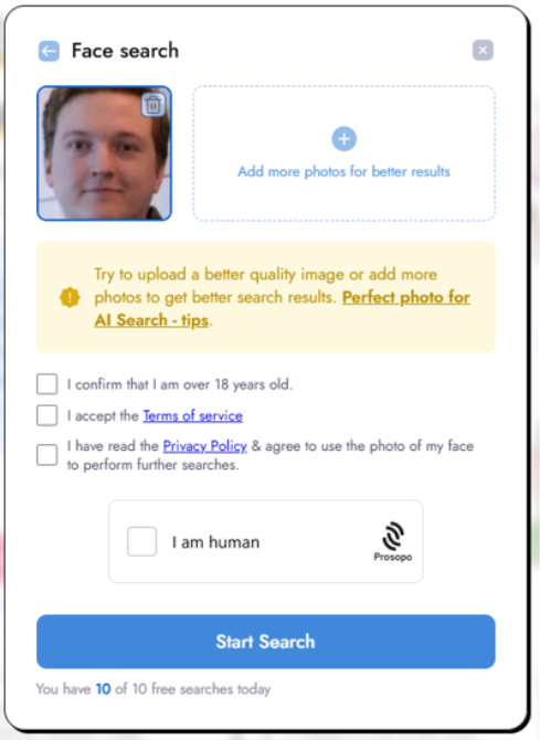 An attacker can confirm that it's his face by clicking a checkbox, no enforcement or stricter checks. Results of the face search in publicly available information below (my own face). 