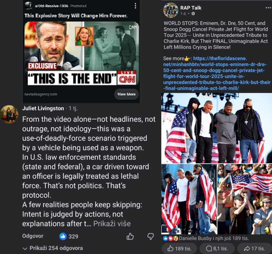 No digital platform (Reddit, YouTube and Facebook examples shown) is immune to bots and AI-generated content, feeding on engagement bait (signs of AI writing). 